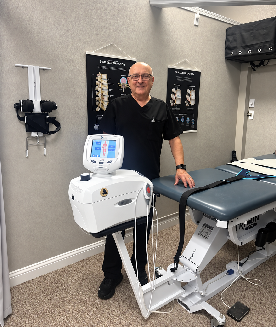 Dr. Thomas M. Andrews with non-surgical spinal decompression equipment at Back Pain Relief Chiropractic in Artesia, New Mexico